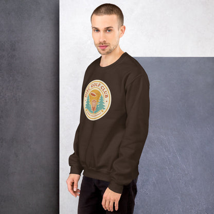 Disc Golf Club retro badge crewneck sweatshirt — Dark Chocolate, on model