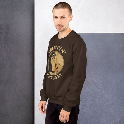 Crimpin' Ain't Easy bouldering badge crewneck sweatshirt — Dark Chocolate, on model