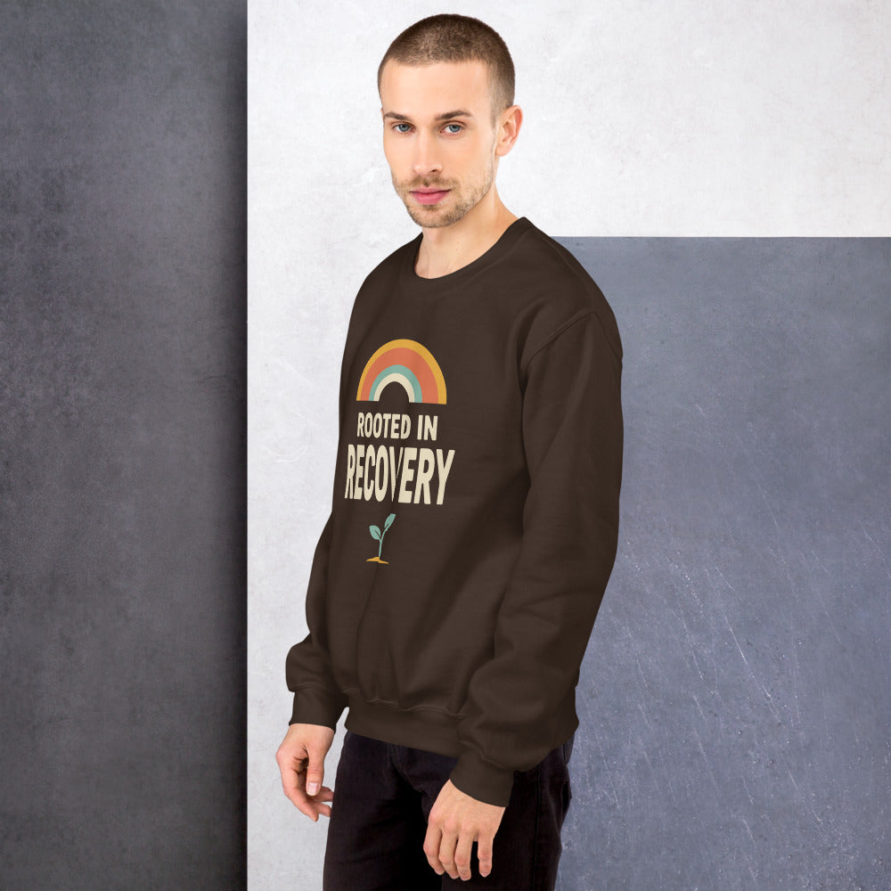 Rooted in Recovery retro rainbow crewneck sweatshirt — Dark Chocolate, on model