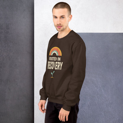 Rooted in Recovery retro rainbow crewneck sweatshirt — Dark Chocolate, on model