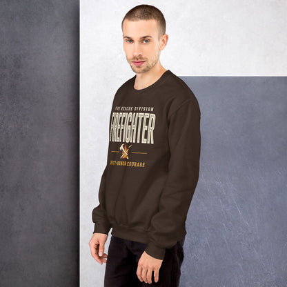 Firefighter collegiate wordmark retro fire-rescue crewneck sweatshirt — Dark Chocolate, on model