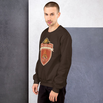 Fire Brigade Earned Not Given retro firefighter shield emblem crewneck sweatshirt — Dark Chocolate, on model