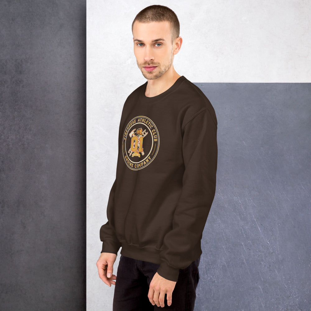 Firehouse Athletic Club retro firefighter emblem crewneck sweatshirt — Dark Chocolate, on model