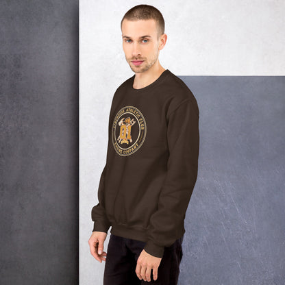Firehouse Athletic Club retro firefighter emblem crewneck sweatshirt — Dark Chocolate, on model