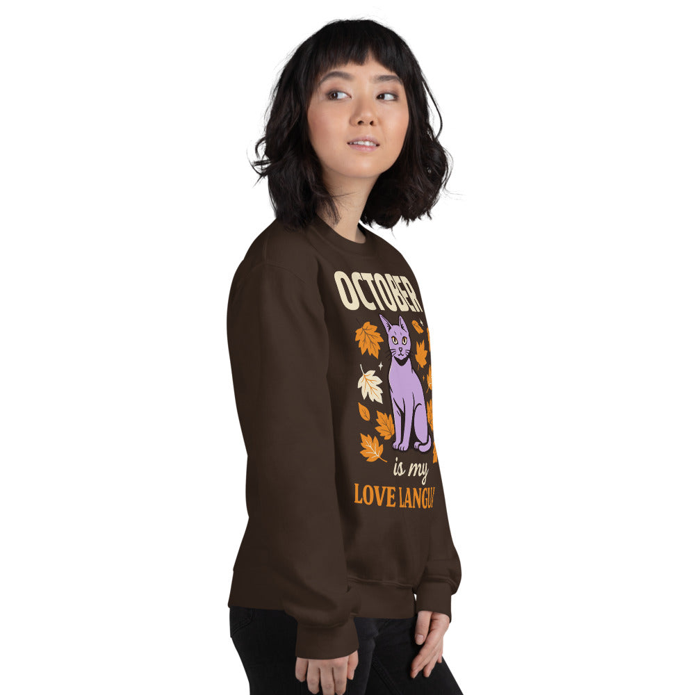 October Is My Love Language retro Halloween black cat crewneck sweatshirt — Dark Chocolate, on model