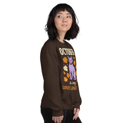 October Is My Love Language retro Halloween black cat crewneck sweatshirt — Dark Chocolate, on model