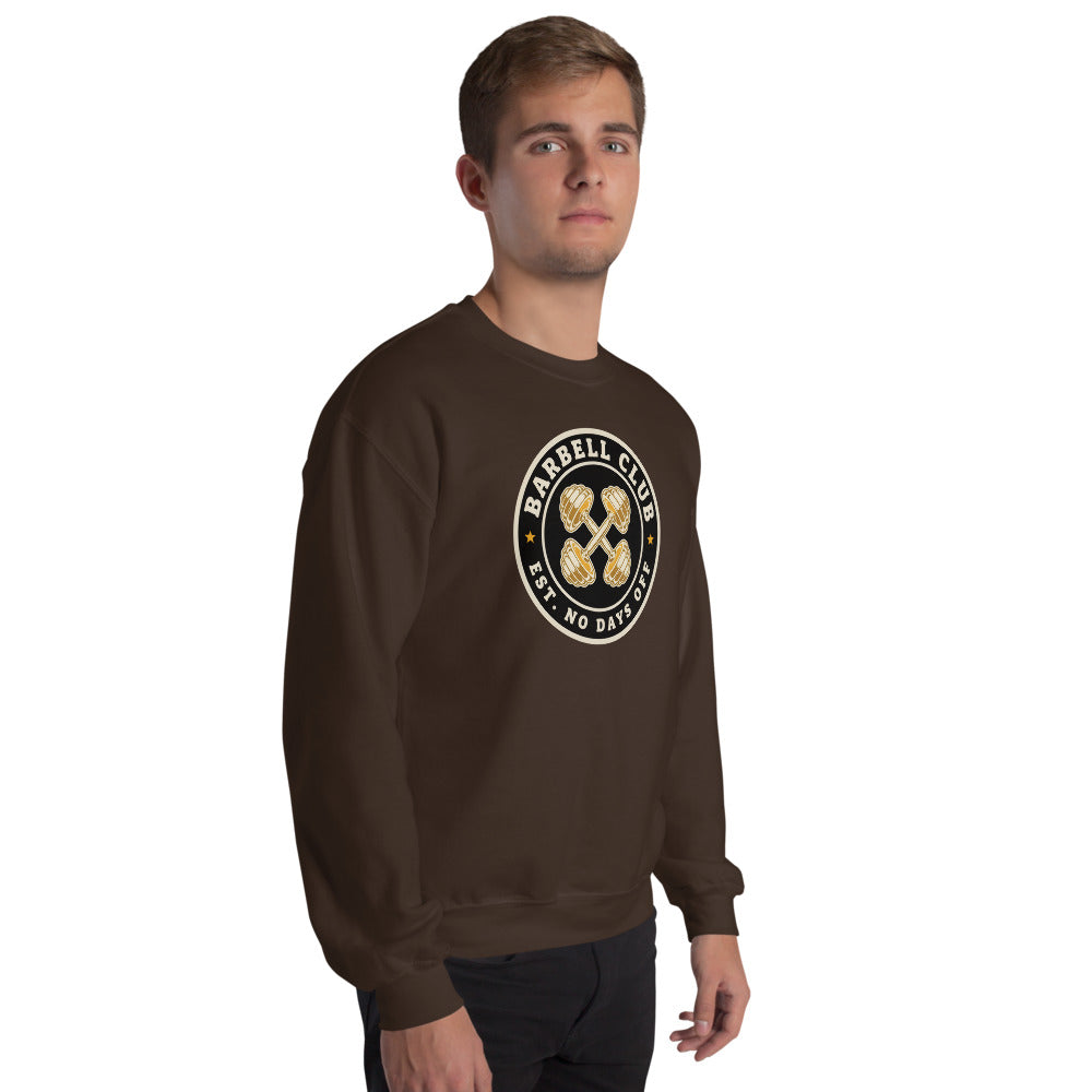 Barbell Club No Days Off vintage gym crewneck sweatshirt — Dark Chocolate, on model