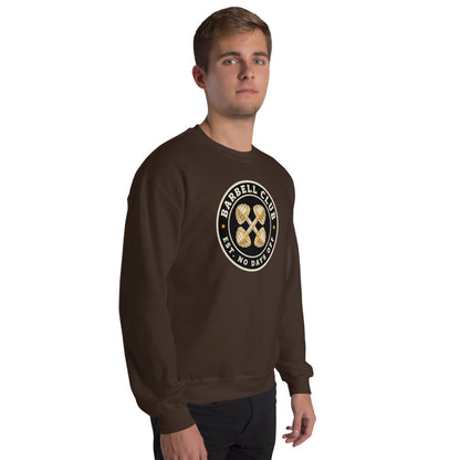 Barbell Club No Days Off vintage gym crewneck sweatshirt — Dark Chocolate, on model