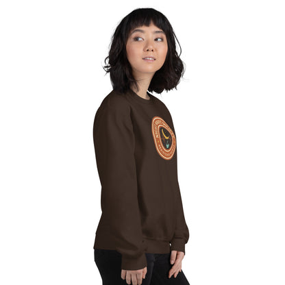 Night Shift Society retro registered nurse badge crewneck sweatshirt — Dark Chocolate, on model