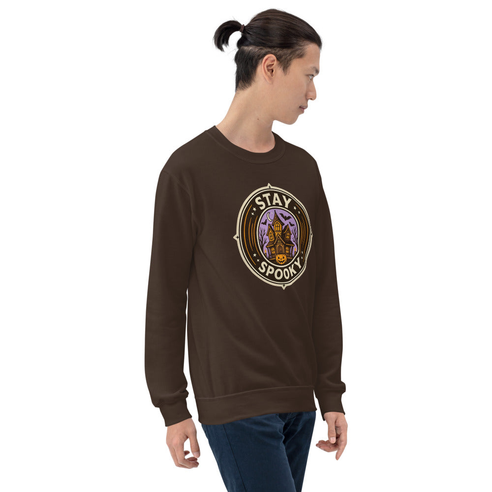 Stay Spooky retro Halloween vintage badge crewneck sweatshirt — Dark Chocolate, on model