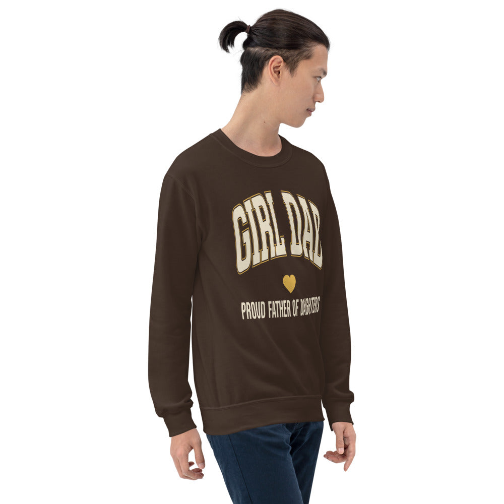 Girl Dad retro varsity crewneck sweatshirt — Dark Chocolate, on model