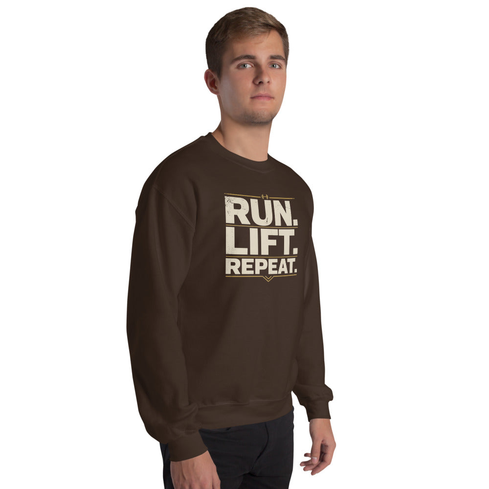 Run Lift Repeat vintage athletic crewneck sweatshirt — Dark Chocolate, on model