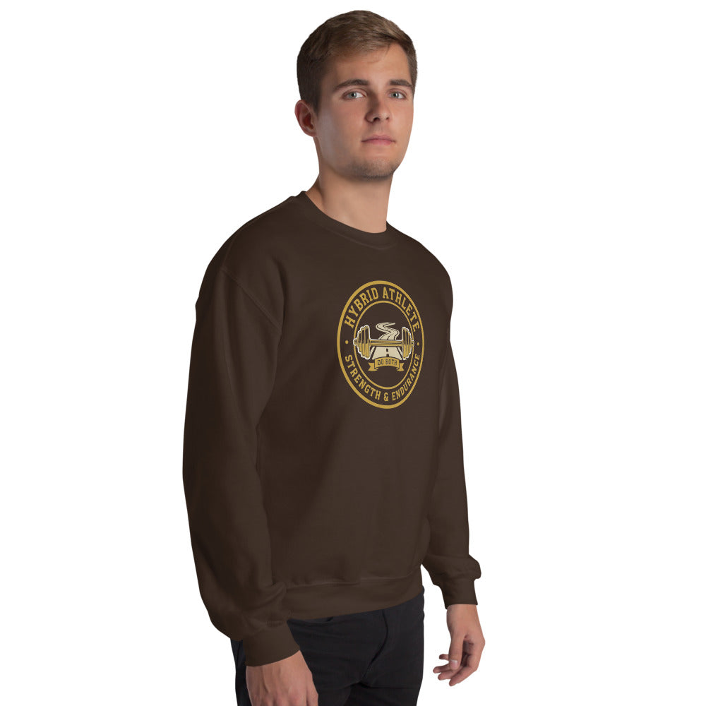 Hybrid Athlete vintage athletic-department crest crewneck sweatshirt — Dark Chocolate, on model