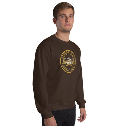 Hybrid Athlete vintage athletic-department crest crewneck sweatshirt — Dark Chocolate, on model