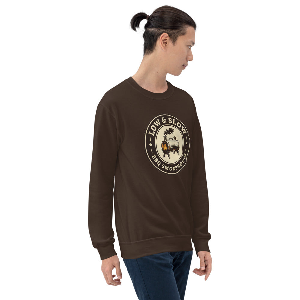 Low & Slow BBQ smoker crewneck sweatshirt — Dark Chocolate, on model