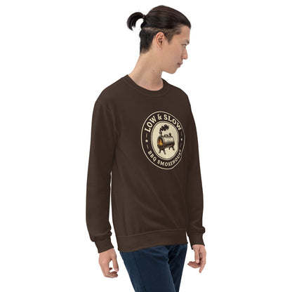 Low & Slow BBQ smoker crewneck sweatshirt — Dark Chocolate, on model