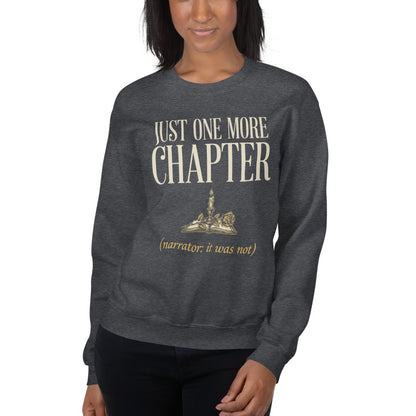 Model wearing the Just One More Chapter book lover crewneck — Dark Heather