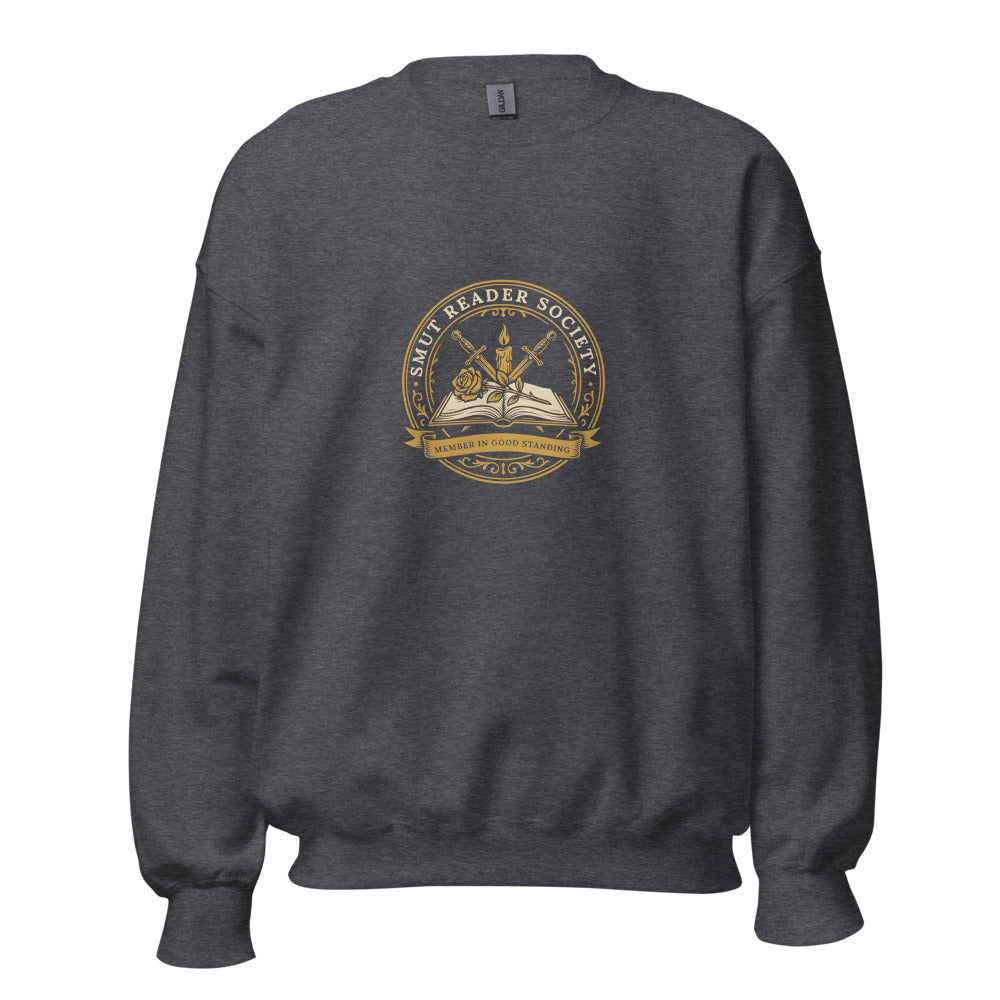 Smut Reader Society book lover dark academia crewneck sweatshirt — Dark Heather, front