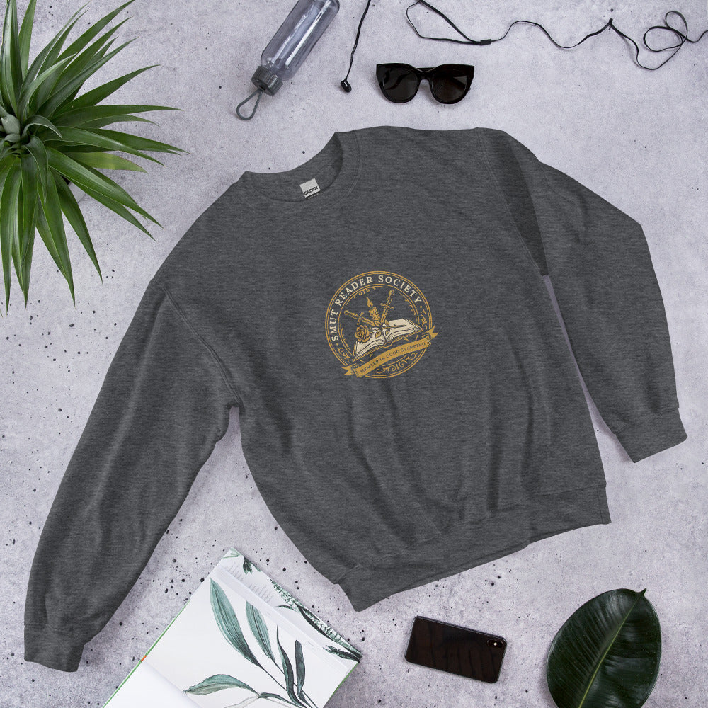 Smut Reader Society book lover dark academia crewneck sweatshirt — Dark Heather, front angled