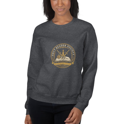 Smut Reader Society book lover dark academia crewneck sweatshirt — Dark Heather, on model