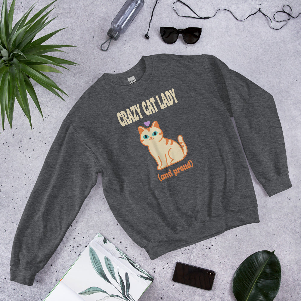 Crazy Cat Lady and Proud retro Y2K crewneck sweatshirt — Dark Heather, front angled