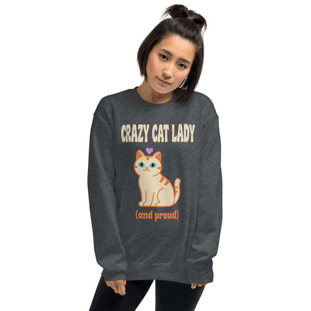 Crazy Cat Lady and Proud retro Y2K crewneck sweatshirt — Dark Heather, on model