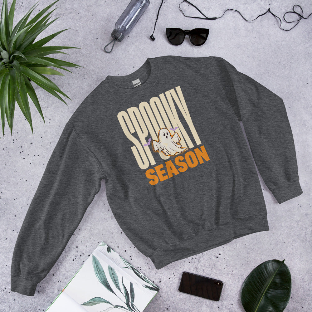Spooky Season retro Halloween ghost typography crewneck sweatshirt — Dark Heather, front angled
