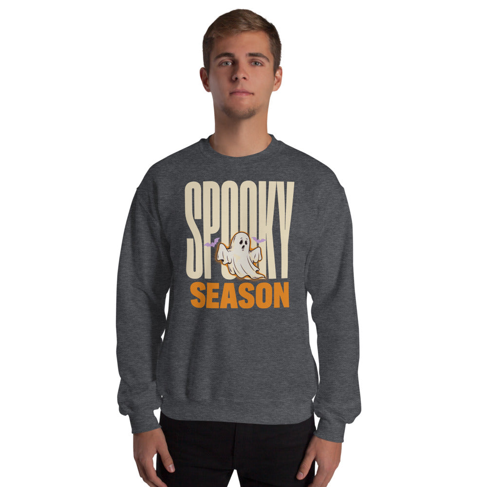 Spooky Season retro Halloween ghost typography crewneck sweatshirt — Dark Heather, on model