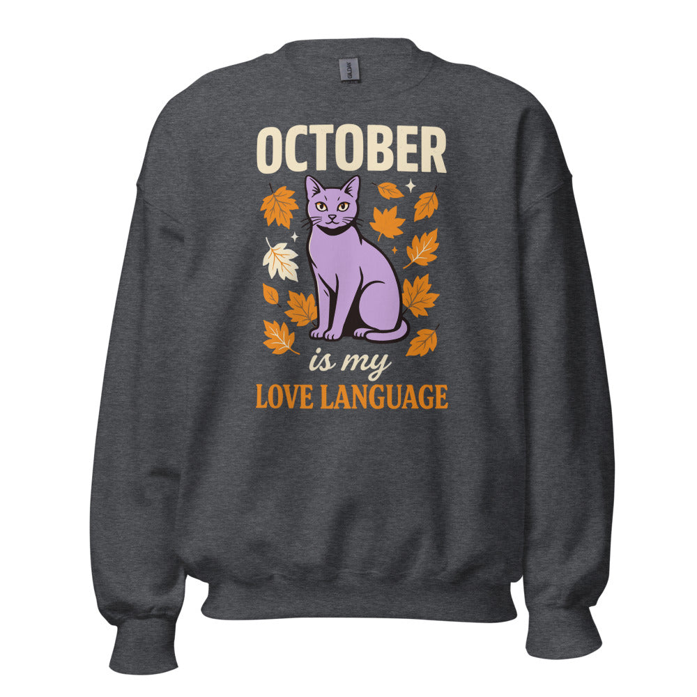 October Is My Love Language retro Halloween black cat crewneck sweatshirt — Dark Heather, front