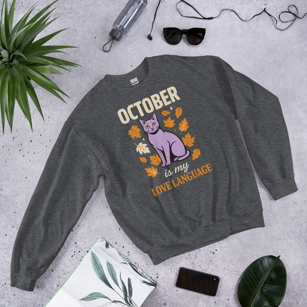 October Is My Love Language retro Halloween black cat crewneck sweatshirt — Dark Heather, front view