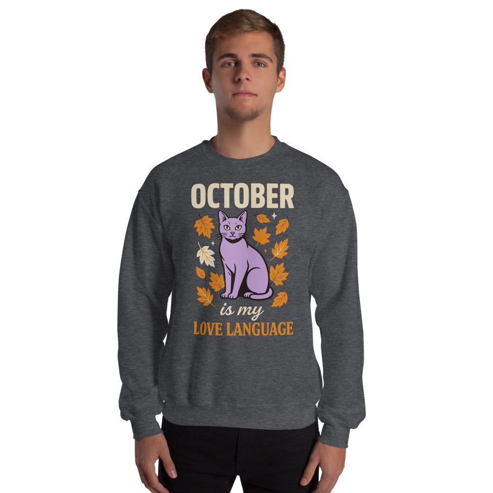October Is My Love Language retro Halloween black cat crewneck sweatshirt — Dark Heather, on model