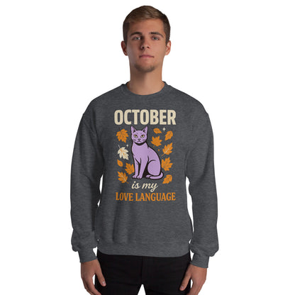 October Is My Love Language retro Halloween black cat crewneck sweatshirt — Dark Heather, on model