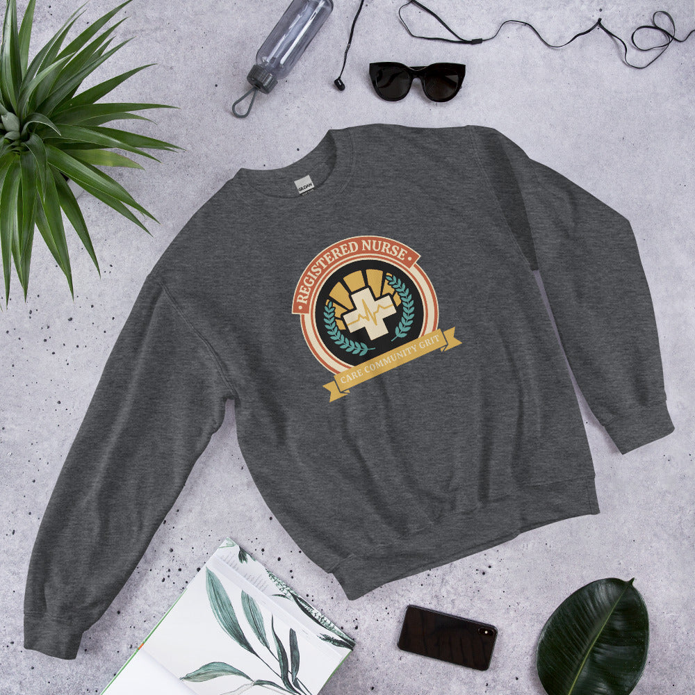 Registered Nurse vintage healthcare emblem badge crewneck sweatshirt — Dark Heather, front-right