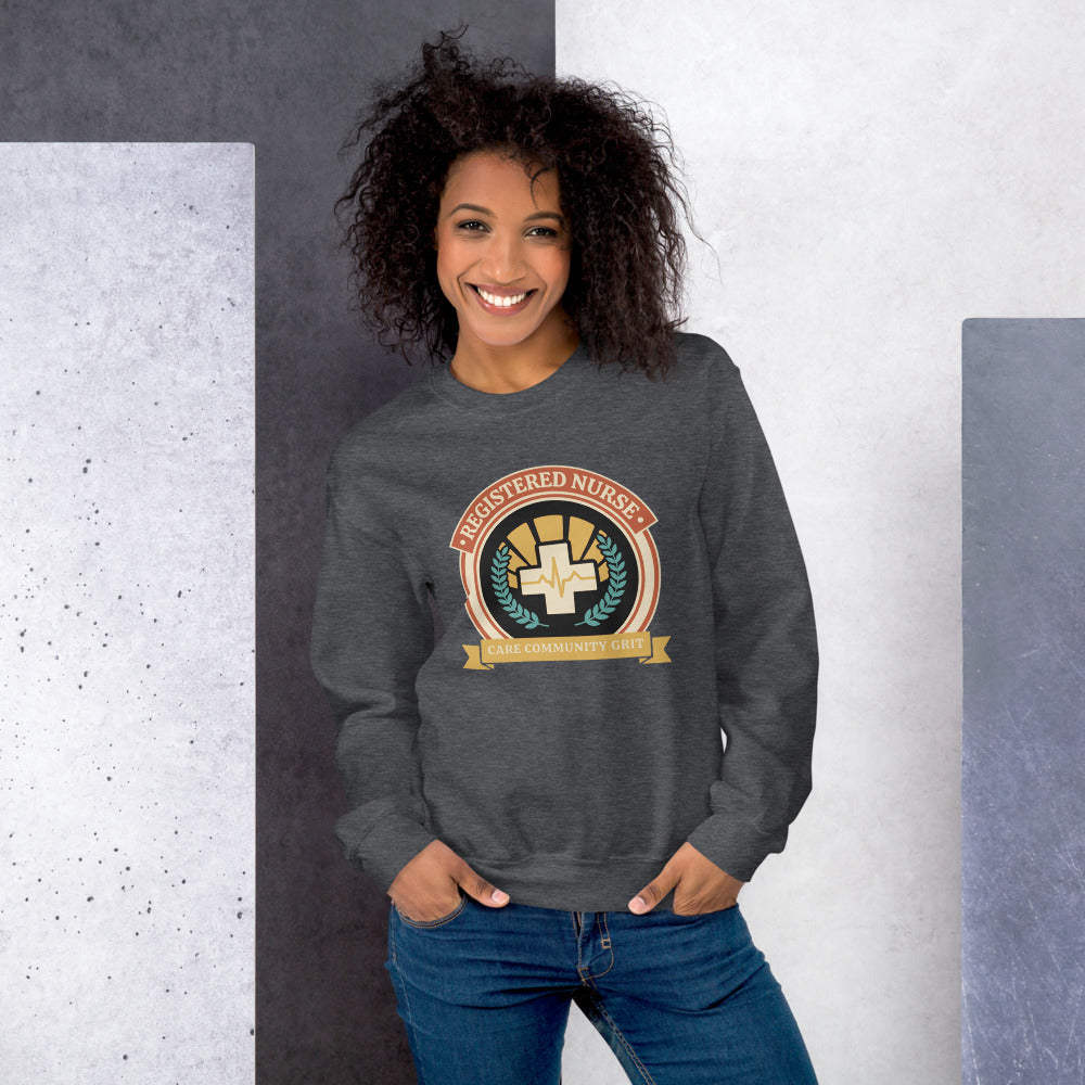 Registered Nurse vintage healthcare emblem badge crewneck sweatshirt — Dark Heather, on model