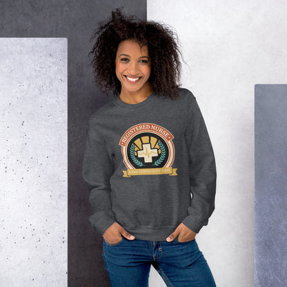 Registered Nurse vintage healthcare emblem badge crewneck sweatshirt — Dark Heather, on model