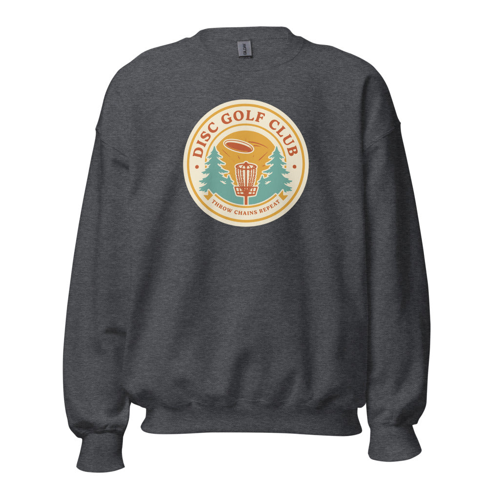 Disc Golf Club retro badge crewneck sweatshirt — Dark Heather, front