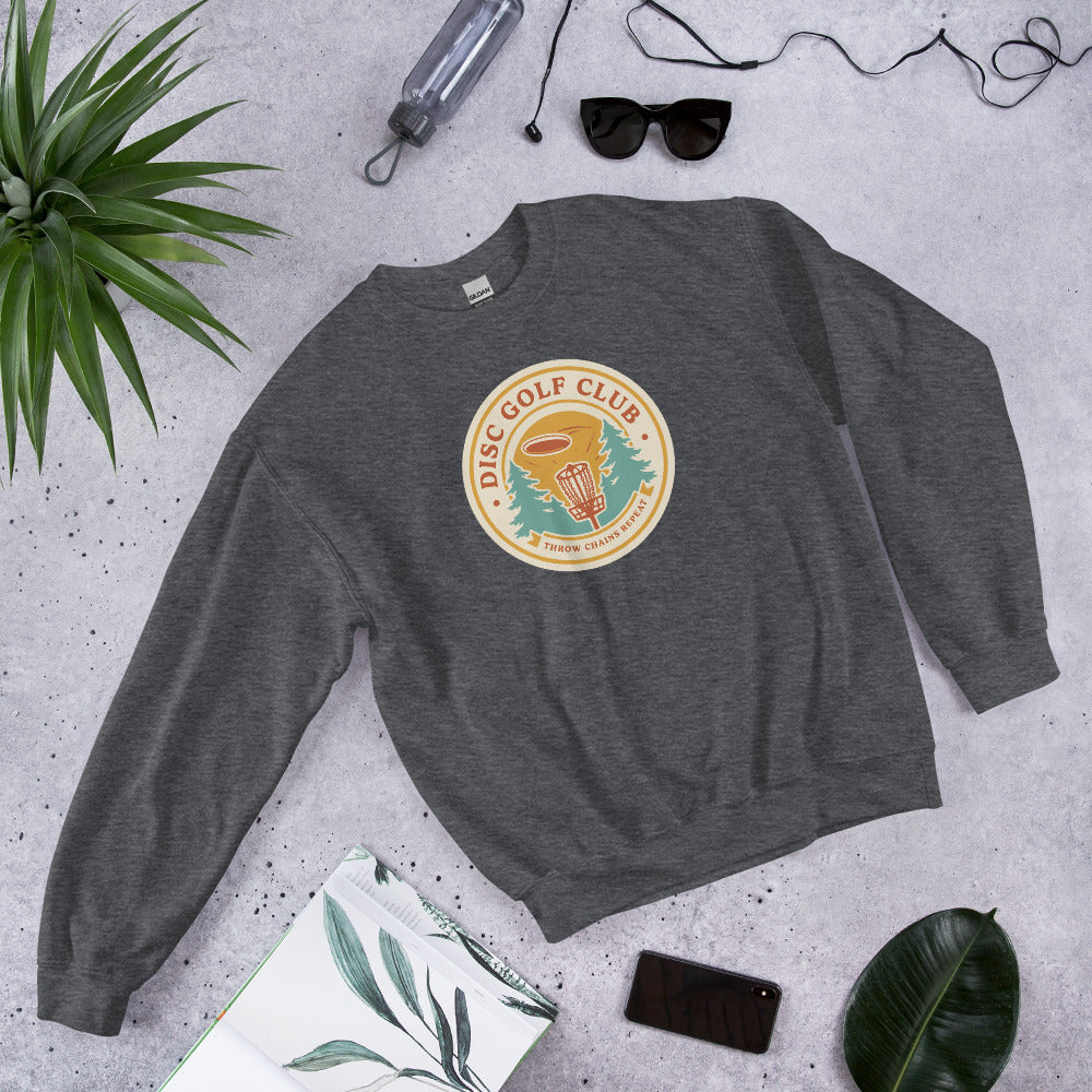 Disc Golf Club retro badge crewneck sweatshirt — Dark Heather, front-right