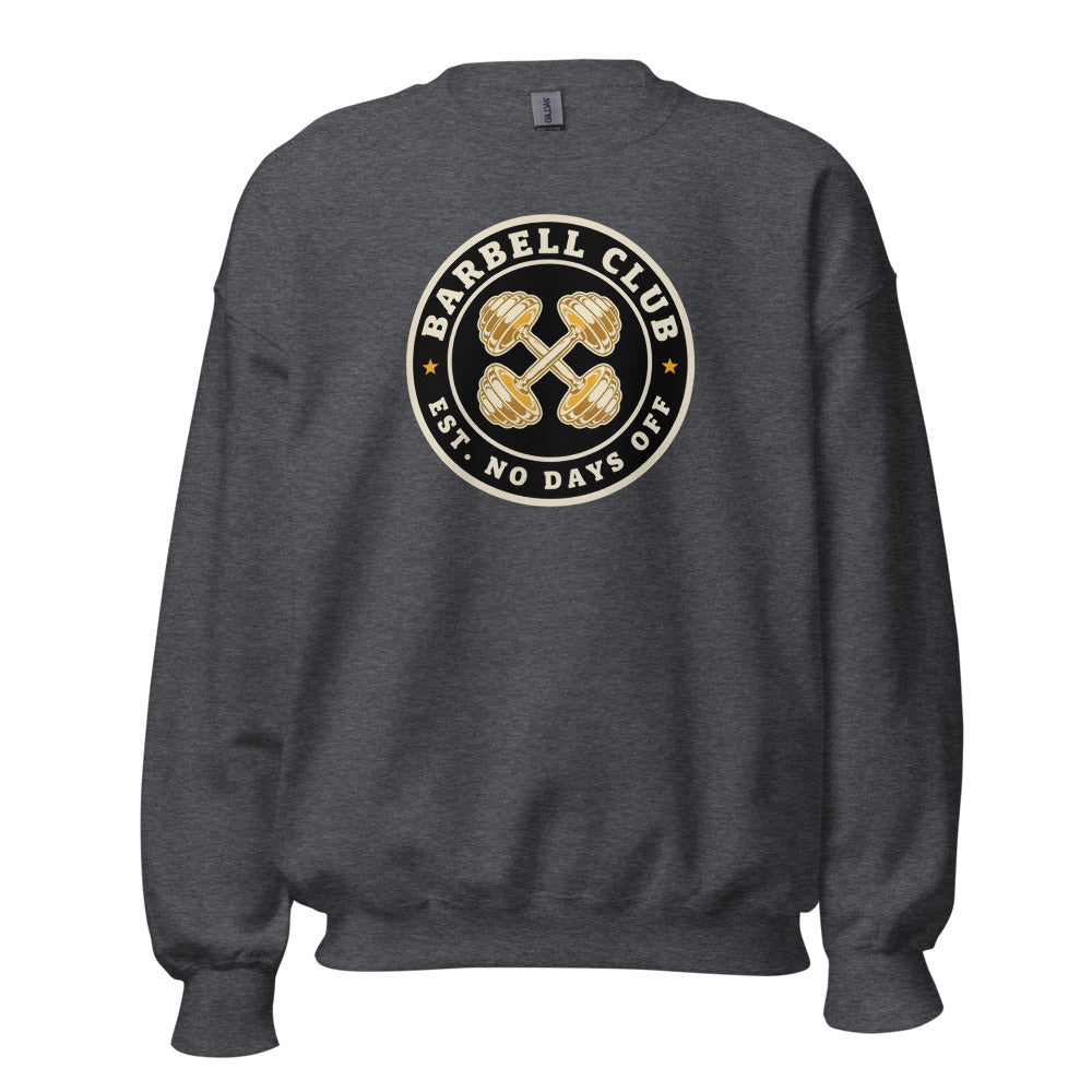 Barbell Club No Days Off vintage gym crewneck sweatshirt — Dark Heather, front