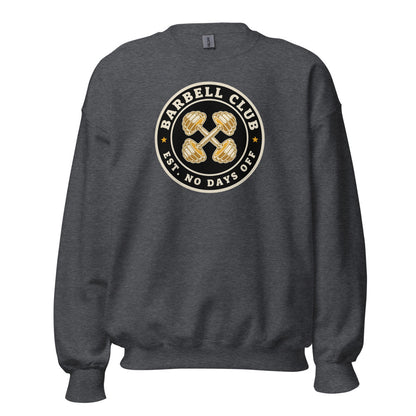 Barbell Club No Days Off vintage gym crewneck sweatshirt — Dark Heather, front