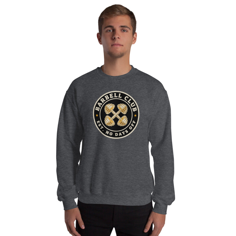 Barbell Club No Days Off vintage gym crewneck sweatshirt — Dark Heather, on model