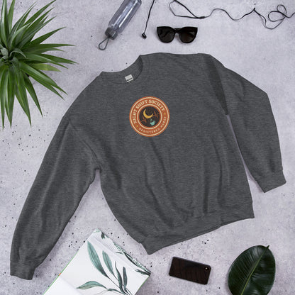 Night Shift Society retro registered nurse badge crewneck sweatshirt — Dark Heather, front-right