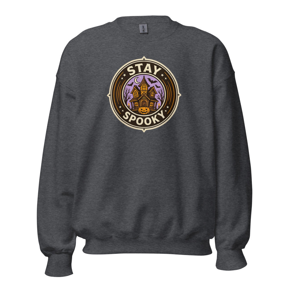 Stay Spooky retro Halloween vintage badge crewneck sweatshirt — Dark Heather, front