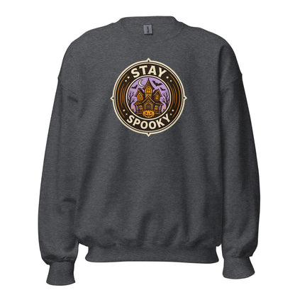 Stay Spooky retro Halloween vintage badge crewneck sweatshirt — Dark Heather, front
