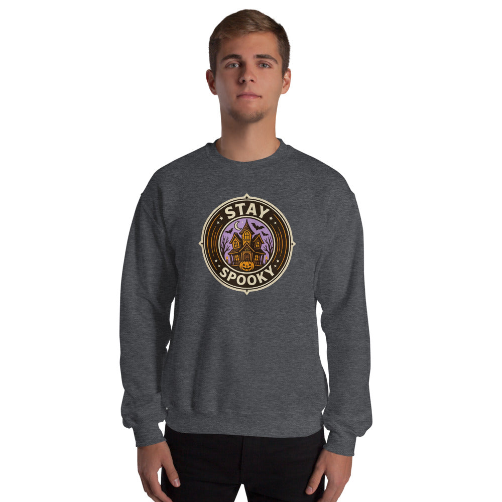 Stay Spooky retro Halloween vintage badge crewneck sweatshirt — Dark Heather, on model