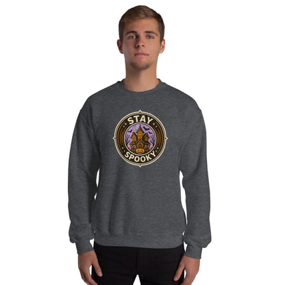 Stay Spooky retro Halloween vintage badge crewneck sweatshirt — Dark Heather, on model