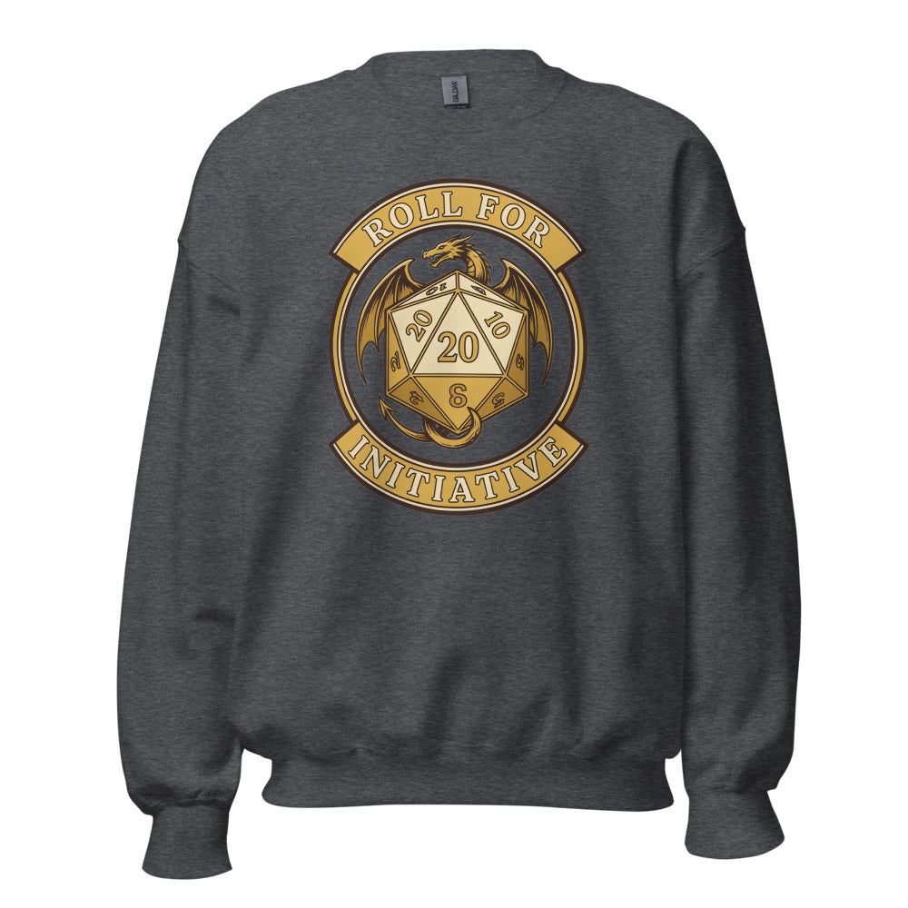 Roll For Initiative d20 dragon tabletop RPG crewneck sweatshirt — Dark Heather, front