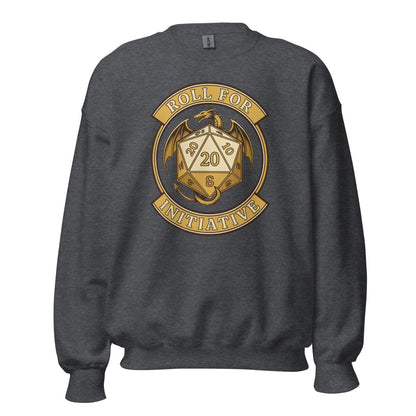 Roll For Initiative d20 dragon tabletop RPG crewneck sweatshirt — Dark Heather, front