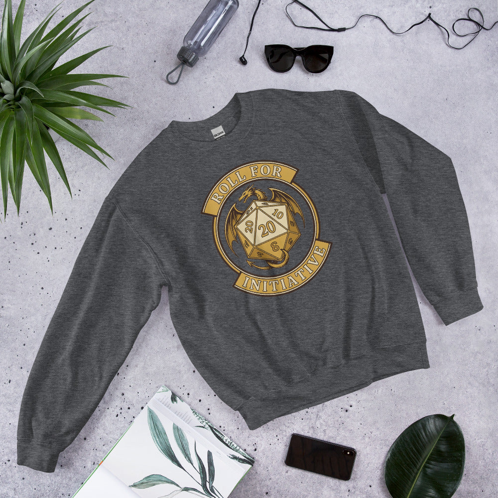 Roll For Initiative d20 dragon tabletop RPG crewneck sweatshirt — Dark Heather, front-right