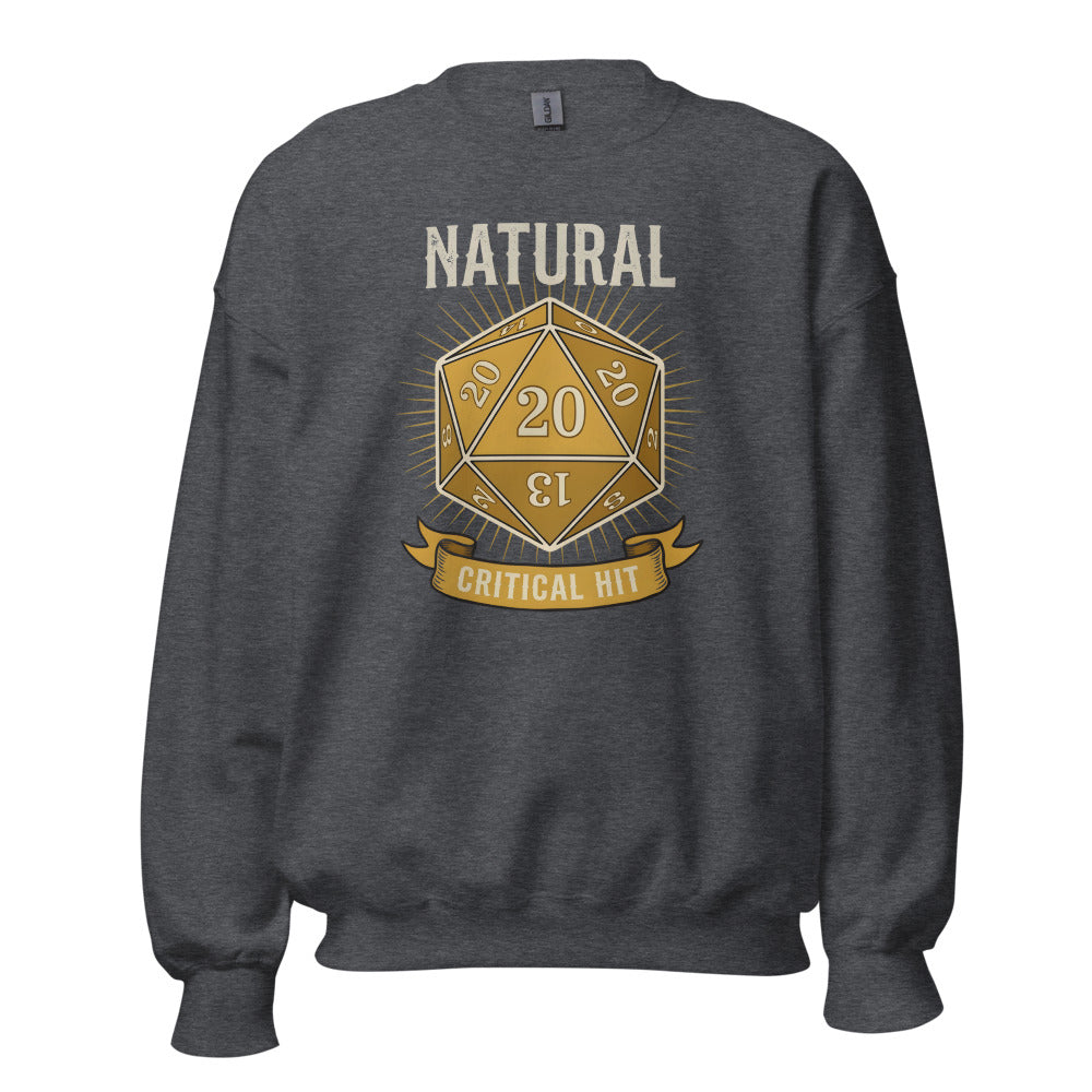 Natural 20 critical hit d20 tabletop RPG crewneck sweatshirt — Dark Heather, front