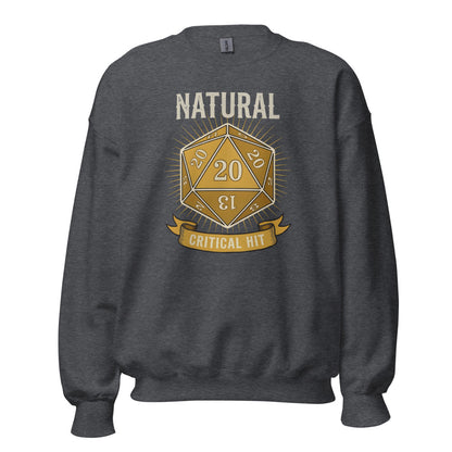 Natural 20 critical hit d20 tabletop RPG crewneck sweatshirt — Dark Heather, front